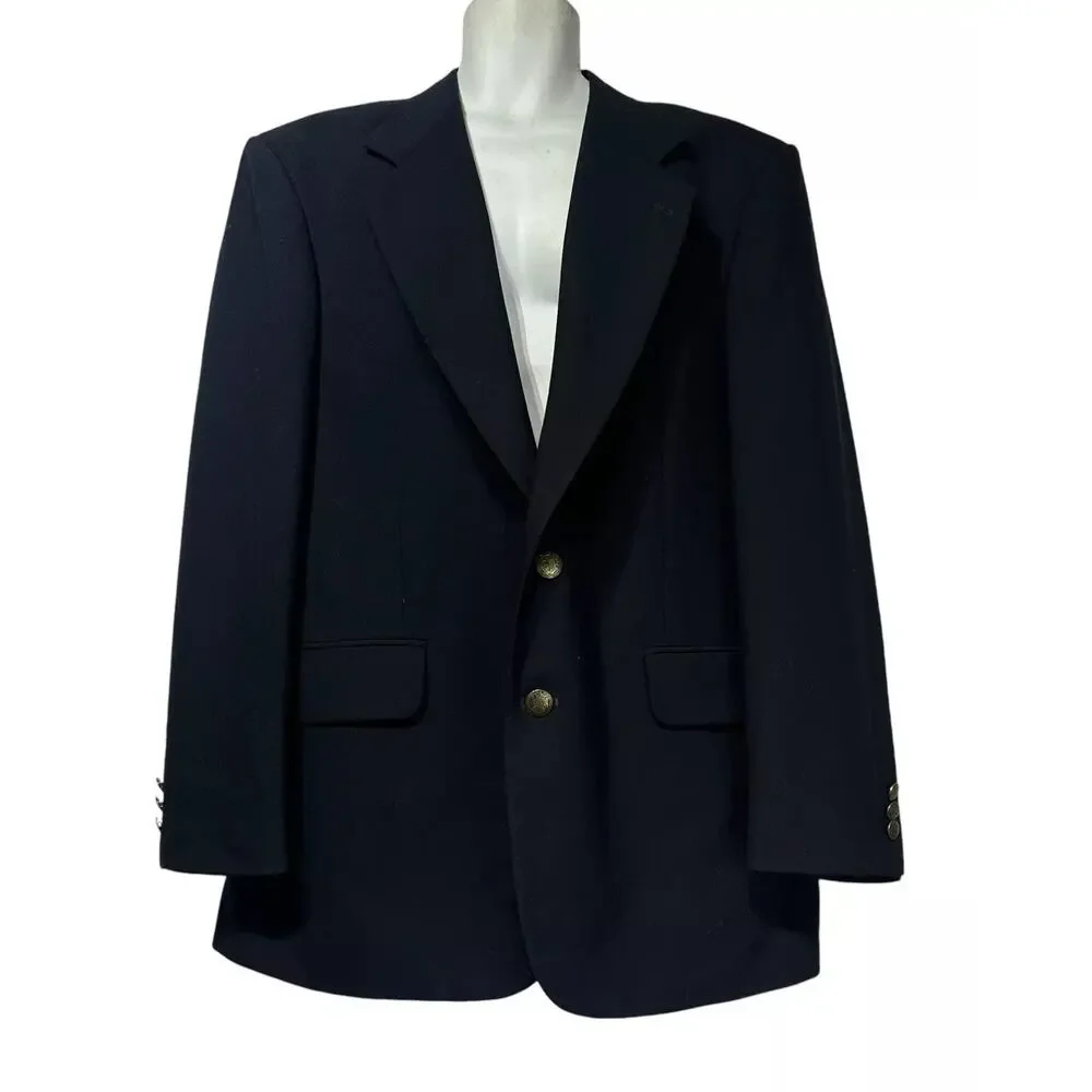 Oscar De La Renta Mens Two Button Ventless Navy Blue Wool Blazer Size 42R